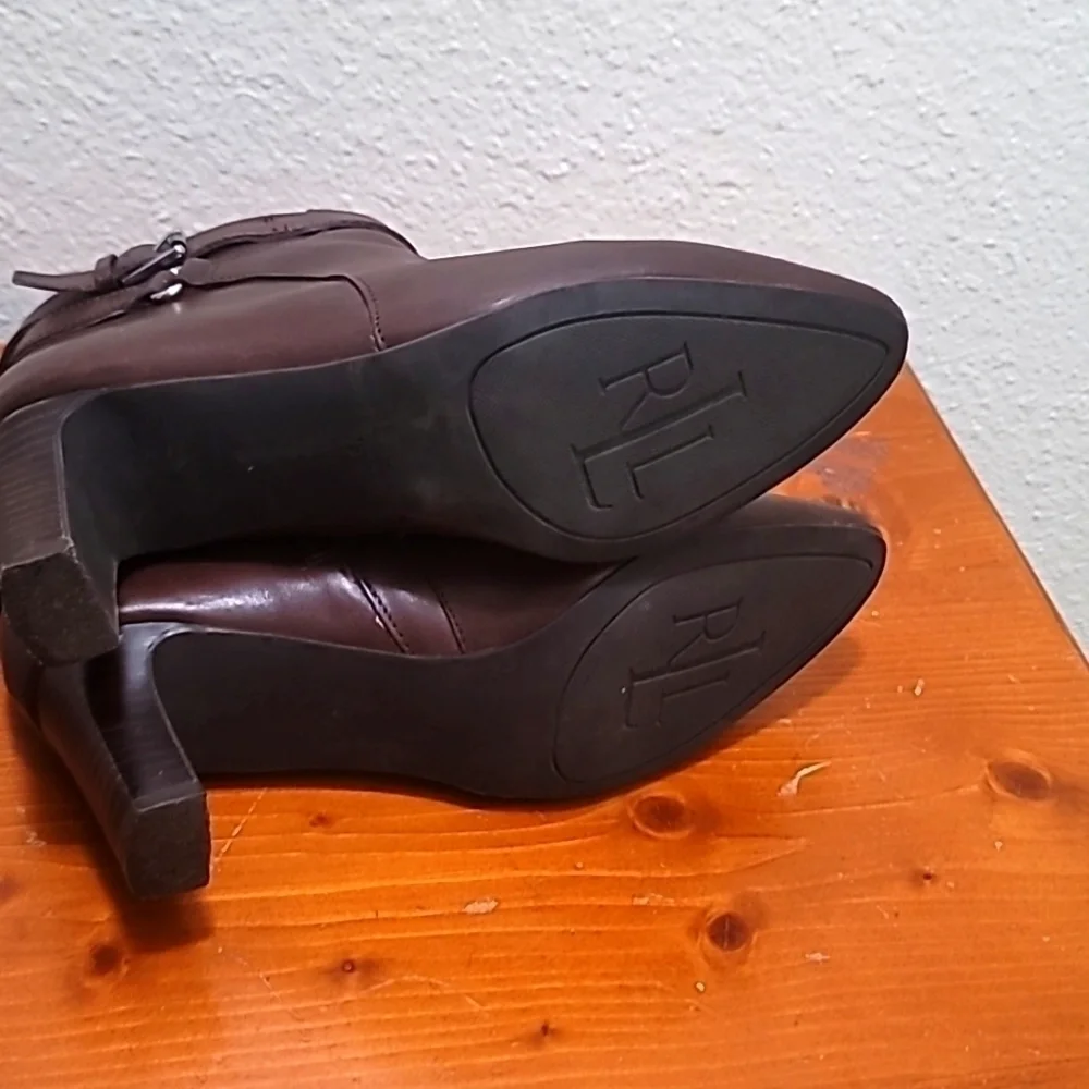 Lauren‎ Ralph Lauren Brown Leather Buckle Ankle Boots Womens Pointed Toe Heel